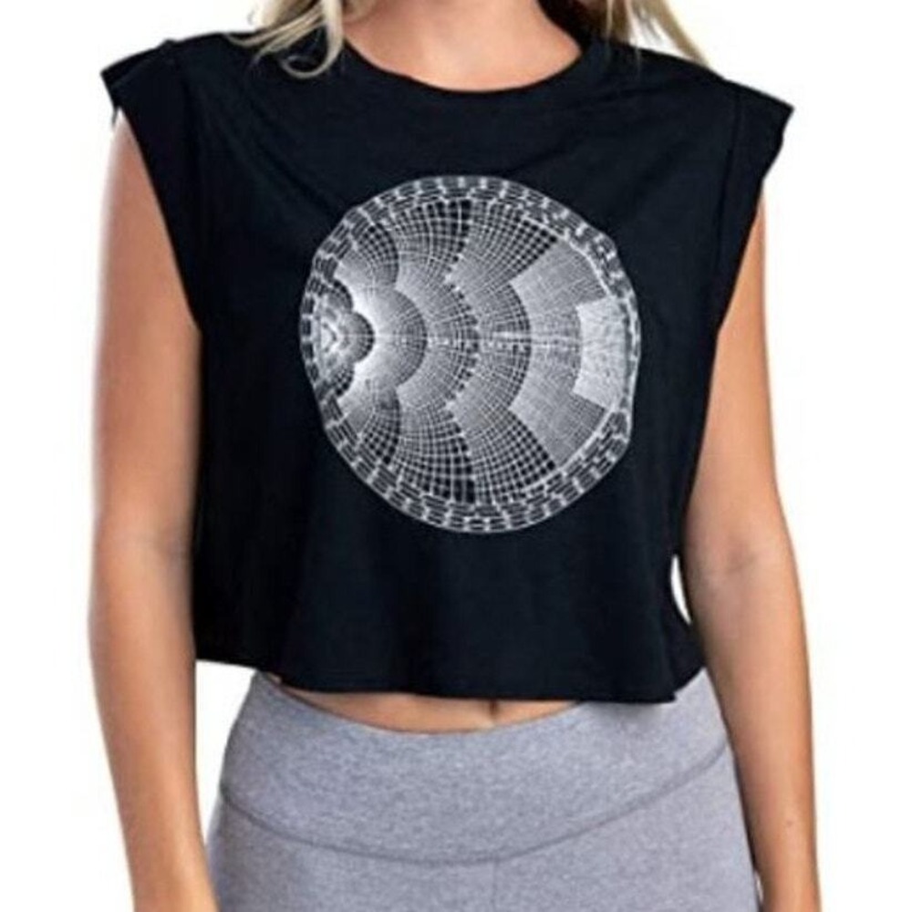 Jala Yoga Crop Tee‎ NWT S Black Cap Sleeve Moisture Wicking Graphic Top Workout